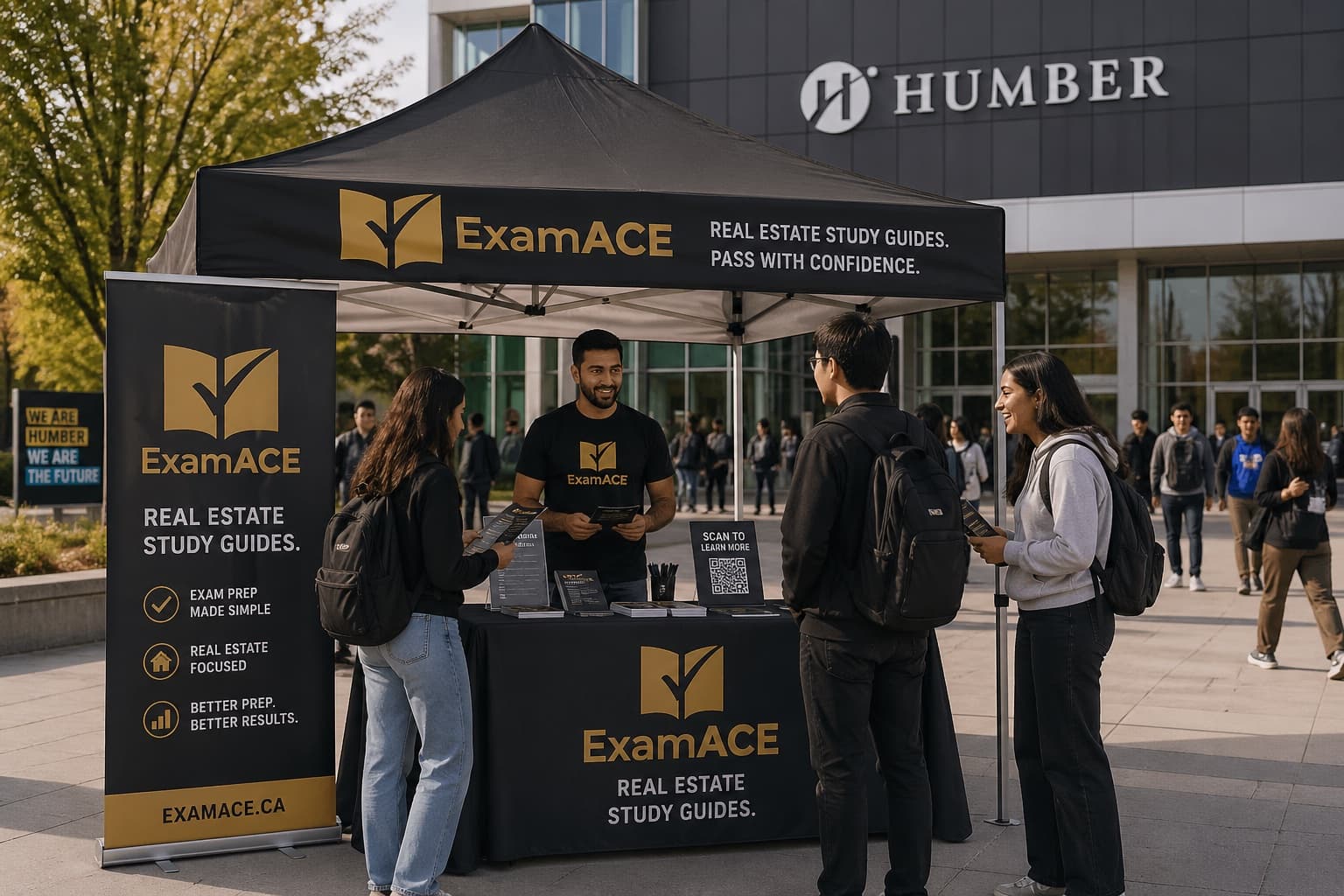 ExamAce team on campus at Humber Polytechnic, talking to real estate licensing candidates at a branded booth