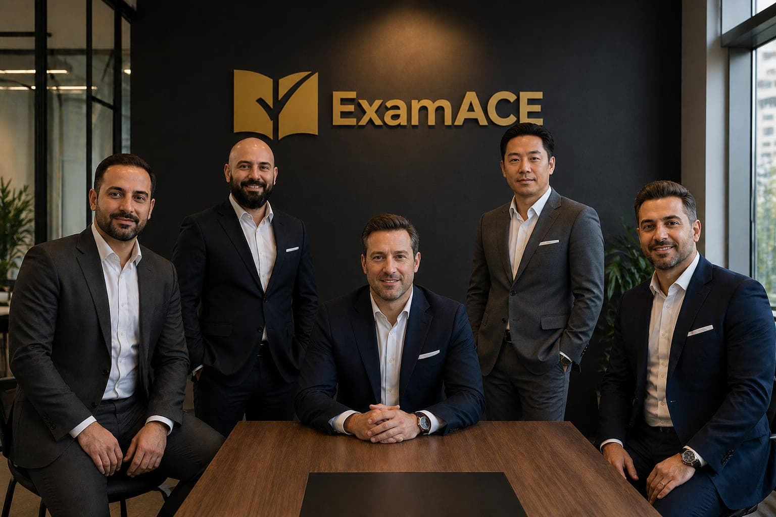 The five-person ExamAce founding team in the office, behind the ExamAce logo
