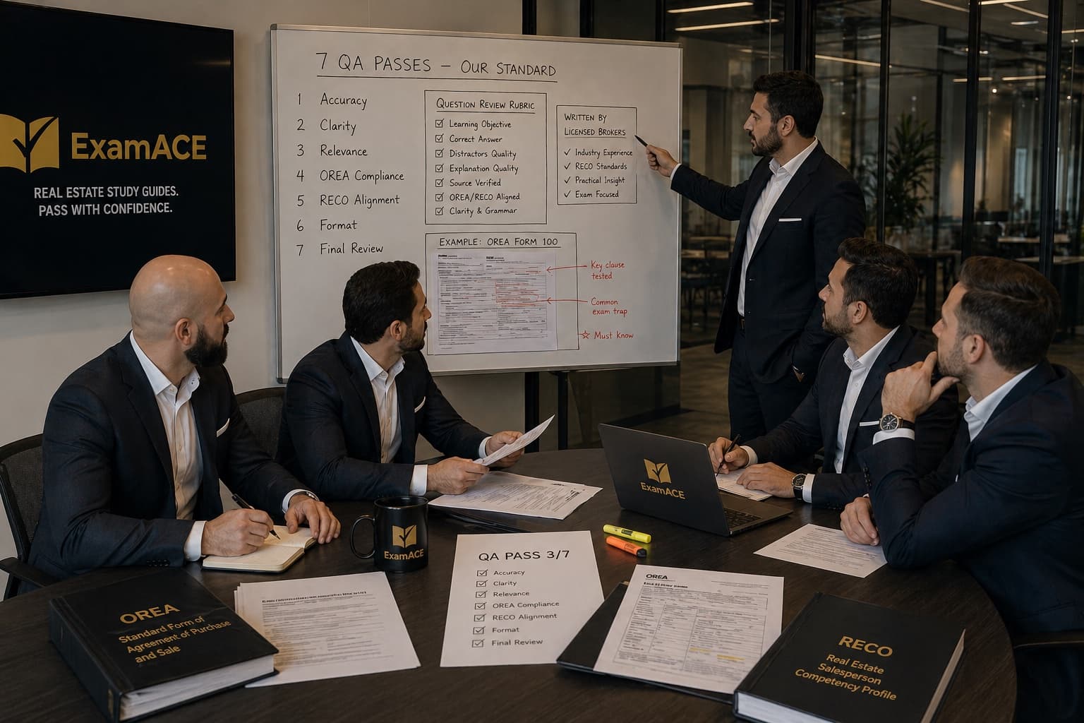ExamAce team in their office reviewing question quality against the OREA Form 100, the RECO Real Estate Salesperson Competency Profile, and the 7-pass QA rubric
