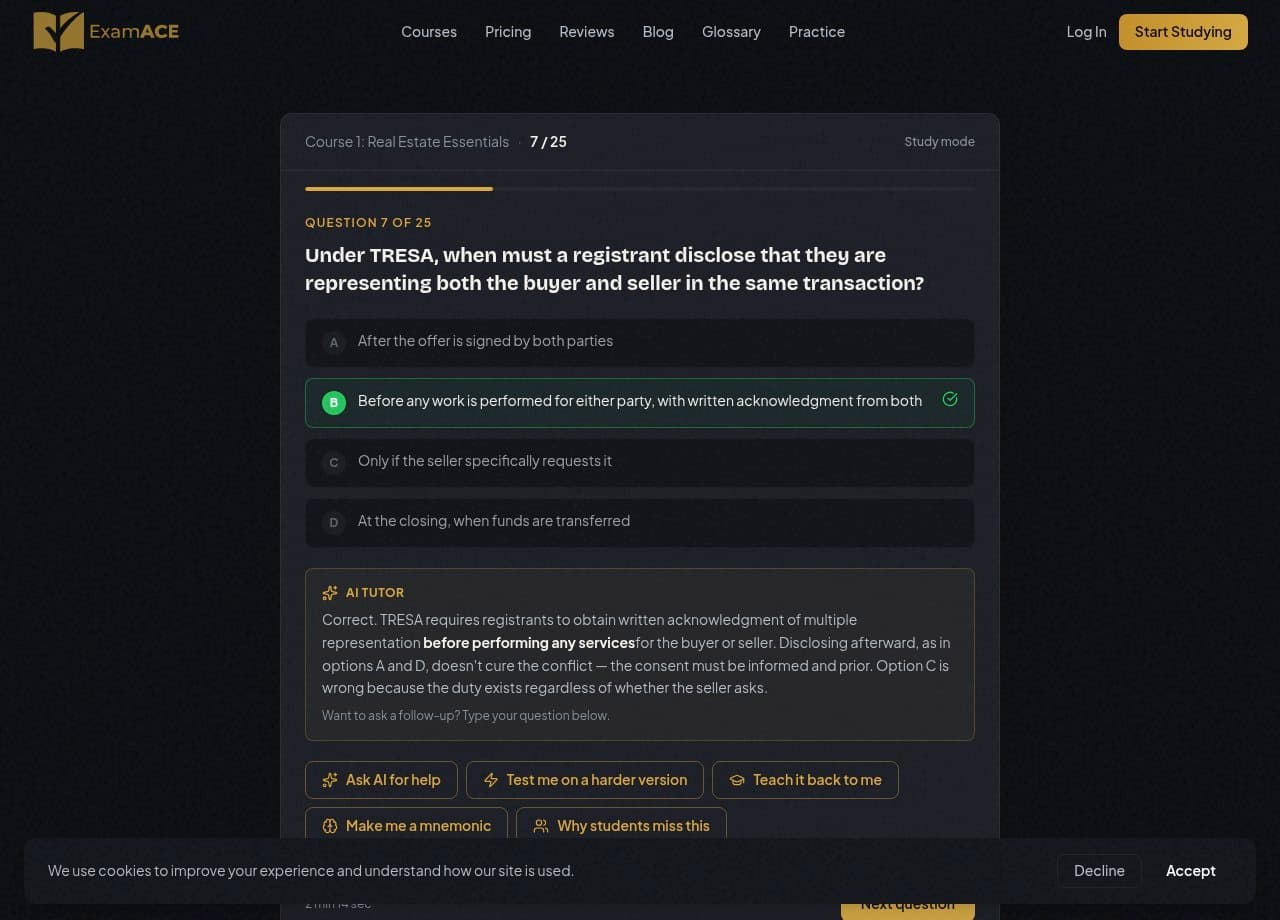 ExamAce quiz interface showing a question with the correct answer and AI tutor explanation revealed