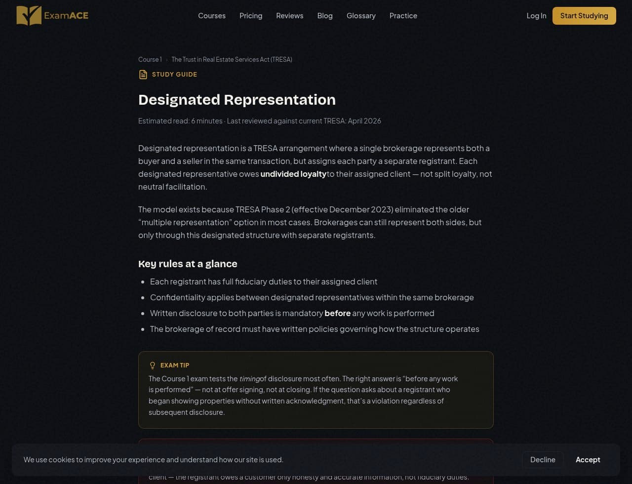 Sample study guide on ExamAce — Designated Representation topic, showing key rules, an exam tip callout, and a watchout box